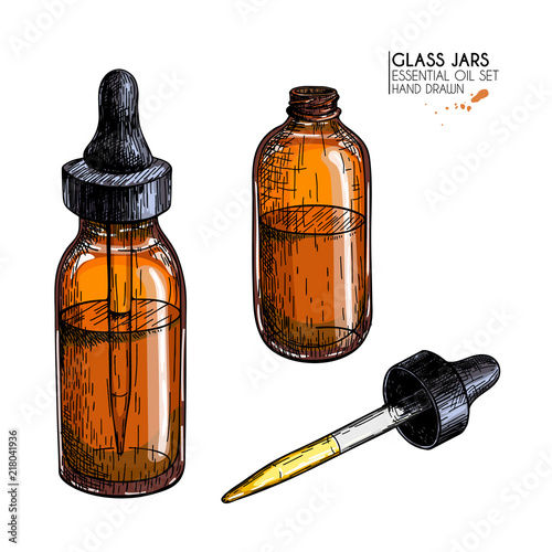 Hand drawn set of essential oils. Vector vintage mock up. Medicinal essence in glass dropper bottle. Engraved colored art. Cosmetics, medicine, treating, aromatherapy, package design health care.