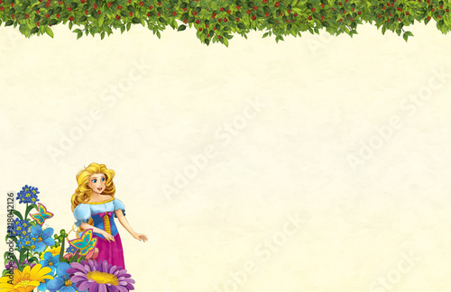 cartoon scene with floral frame - beautiful girl - princess- title page with space for text - illustration for children