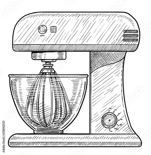 Stand food mixer illustration, drawing, engraving, ink, line art, vector