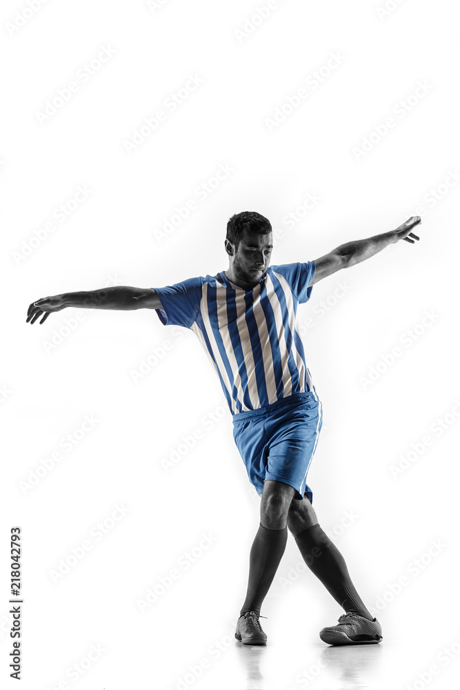 Professional football soccer player in action or movement isolated on white studio background