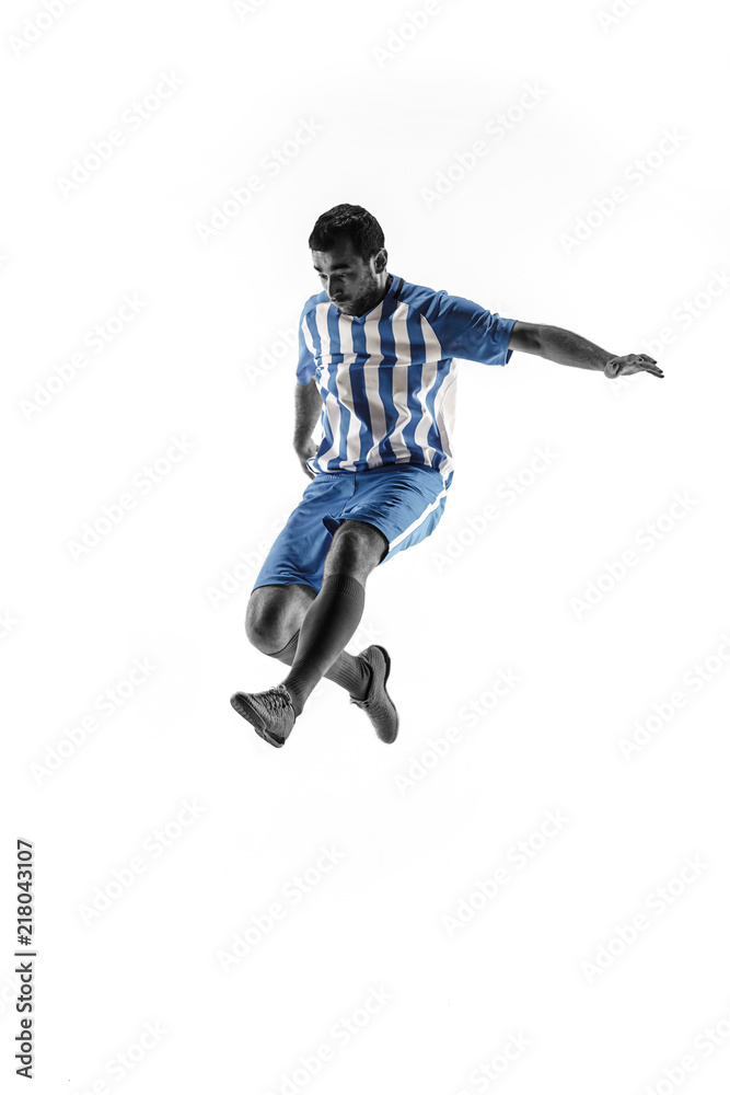 Professional football soccer player in action or movement isolated on white studio background