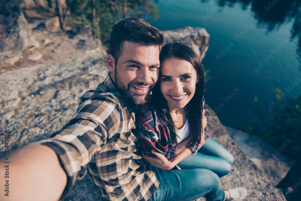 Self-portrait of two people, romantic spouses on honeymoon on fr Self-portrait of two people, romantic spouses on honeymoon on fr