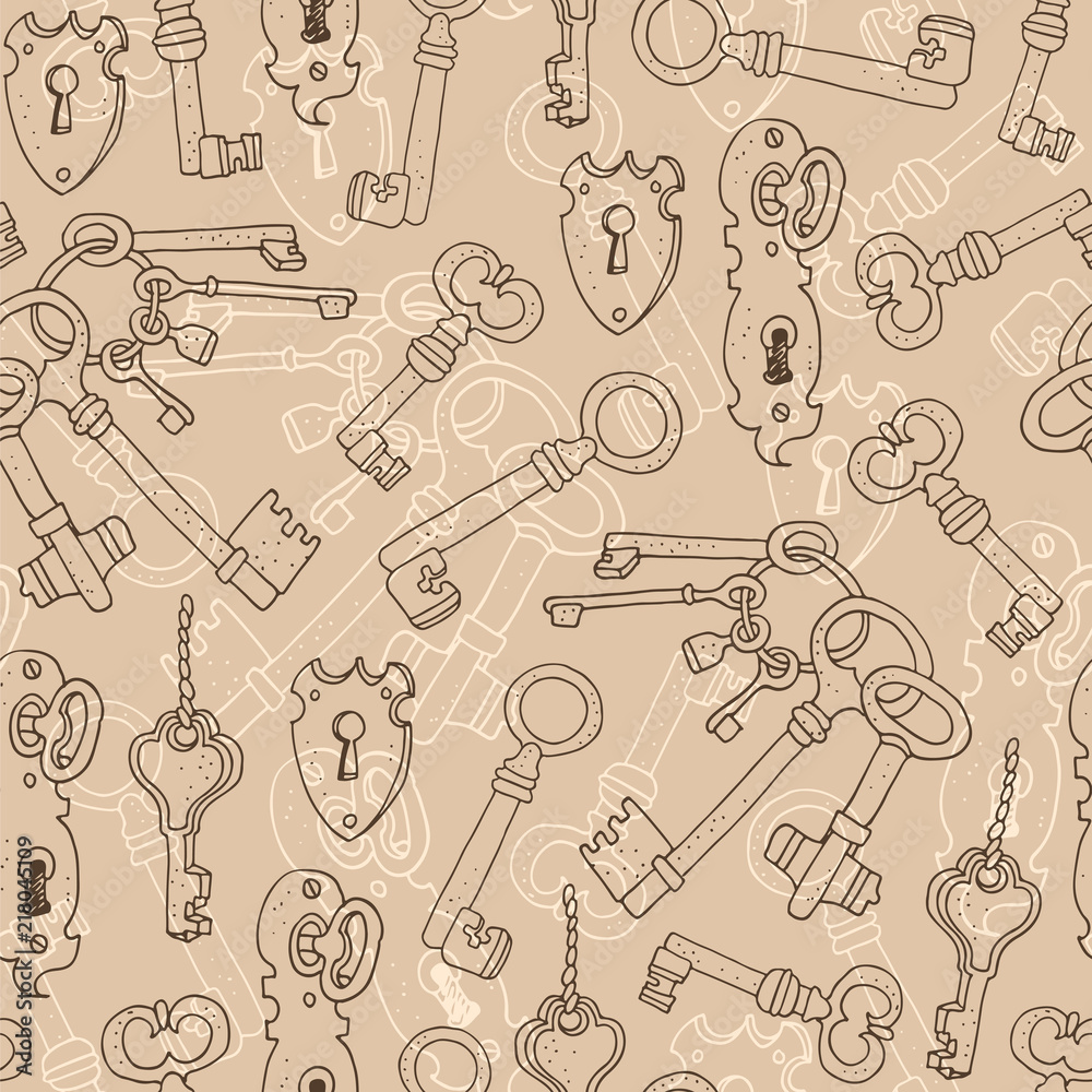 Vintage keys vector seamless background, hand drawn pattern on beige background