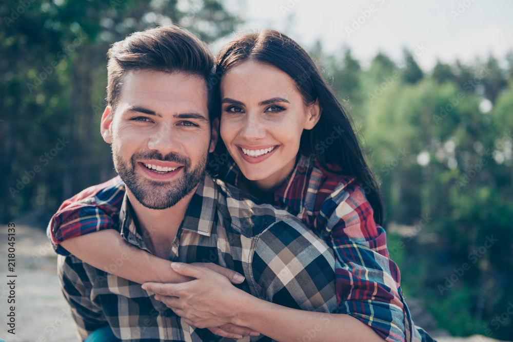 Portrait of nice lovely cute two people, latin couple, bearded g Portrait of nice lovely cute two people, latin couple, bearded g