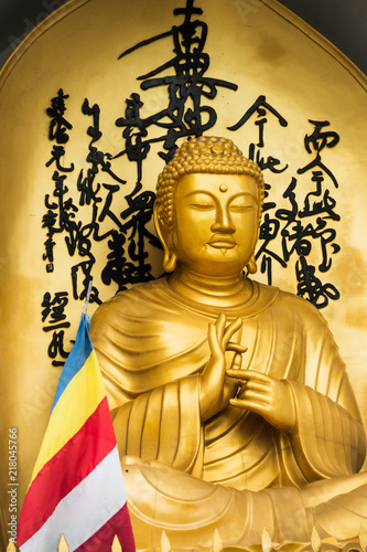 Golden Buddha statue and buddhist flag
