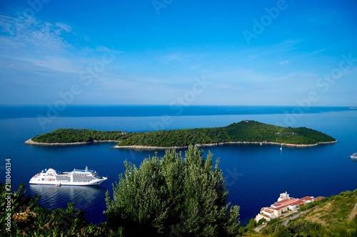 Lokrum the Cursed Island near Dubrovnik in Croatia with Luxury yacht in background