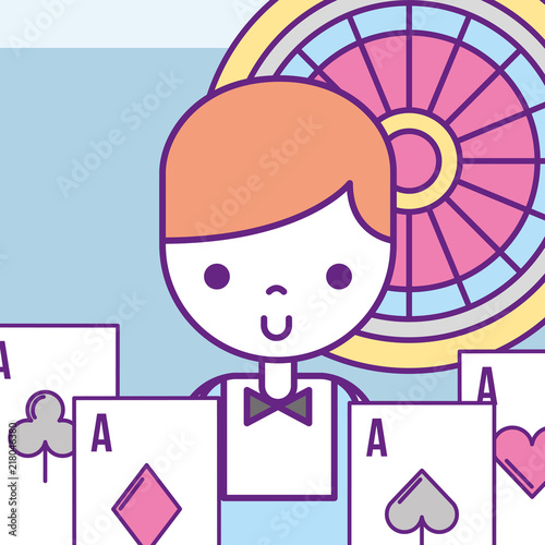 casino croupier male poker aces cards roulette vector illustration