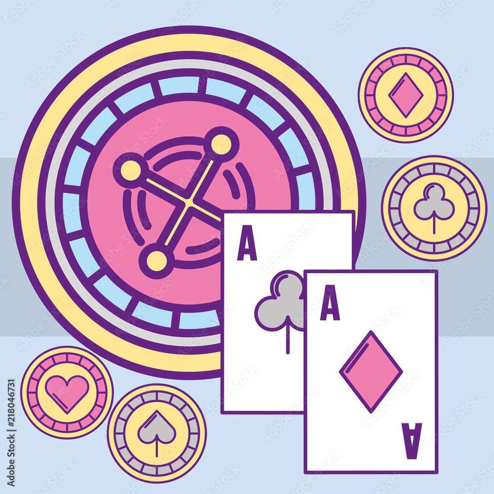 Fototapeta premium casino roulette machine aces poker cards chips vector illustration