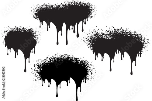 Set of 4 black grunge decors with paint drips with spray blobs. Vector illustration for your design.