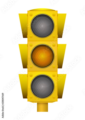 Realistic illustration of modern yellow led traffic light with switching on yellow light.