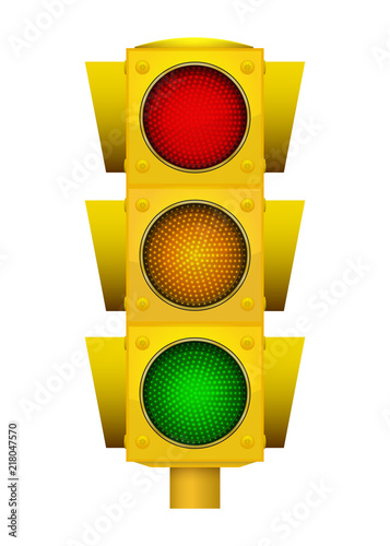 Realistic illustration of modern yellow led traffic light with switching on green, yellow and red lights.