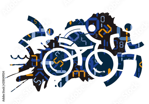 Triathlon race with digital numbers background.
Stylized icons of Three triathlon athletes with digital numbers symbolizing time measurement. Vector available
