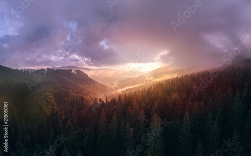 beautiful aerial view of the mountains and the blue lake, the sunset after the rain, high resolution panorama, the purple clouds, Best place in, tourism and nature concept, the Carpathians Ukraine