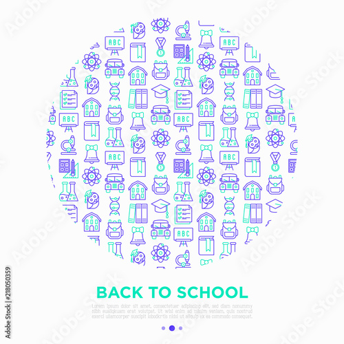 Back to school concept in circle with thin line icons: backpack, bell, book, microscope, knowledge, chemistry, mathematics, biology, blackboard, physics, exam. Modern vector illustration. © AlexBlogoodf