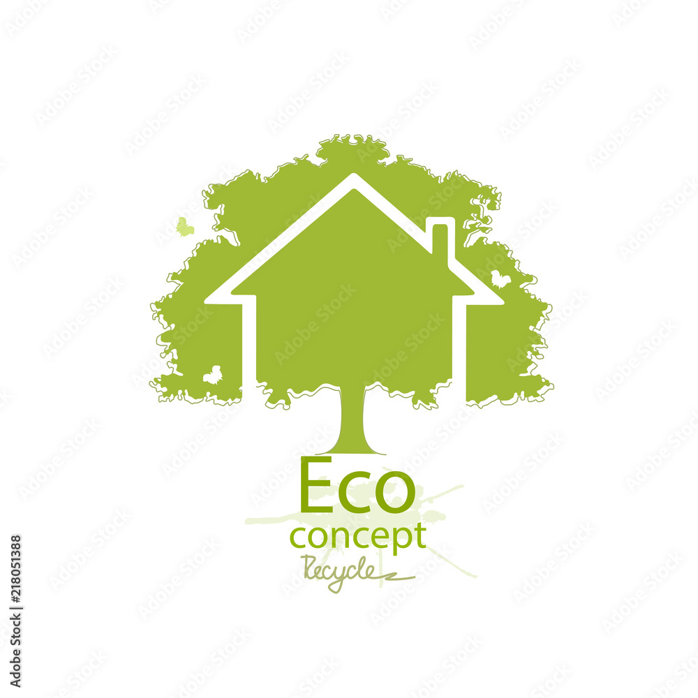 House and tree isolated on white background. Logo design template of tree and house. Environmentally friendly world. Vector illustration of ecology the concept of info graphics. Recycling. House and tree isolated on white background. Logo design template of tree and house. Environmentally friendly world. Vector illustration of ecology the concept of info graphics. Recycling.