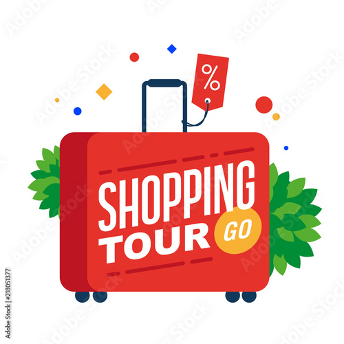 Shopping tour. Red suitcase with text. Vector, flat illustration EPS 10. Separate objects. Isolated.