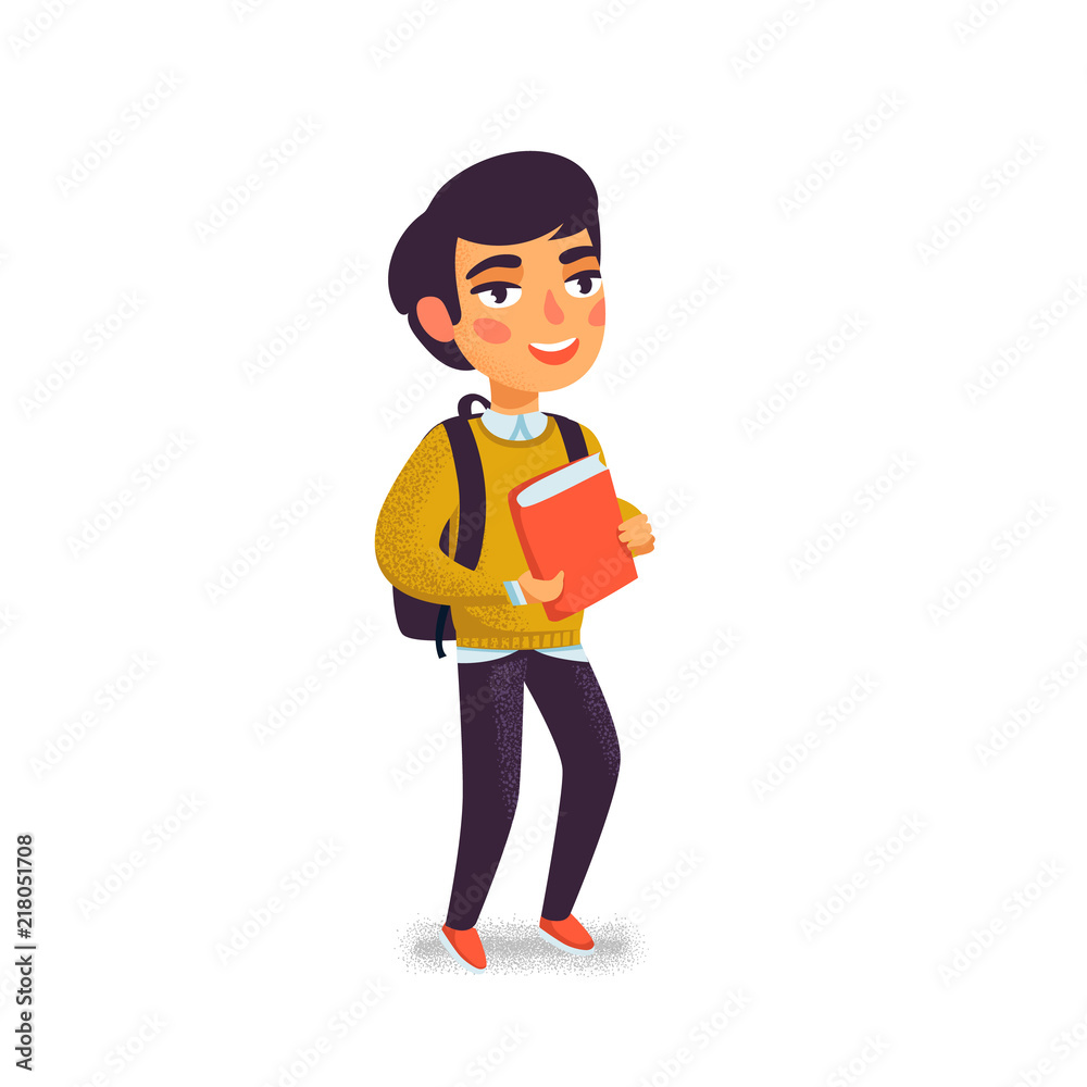 A boy with book and backpack on white background. Happy student. Elementary school pupil. Cheerful young man. Back to school. Vector illustration in flat cartoon style with grain texture.