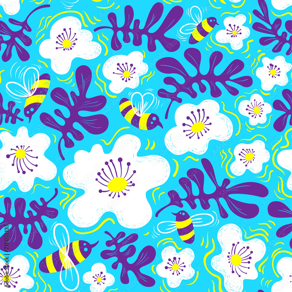 Fototapeta premium Floral background. Seamless pattern with bee and flower in doodle sketchy style. Cute vector illustration