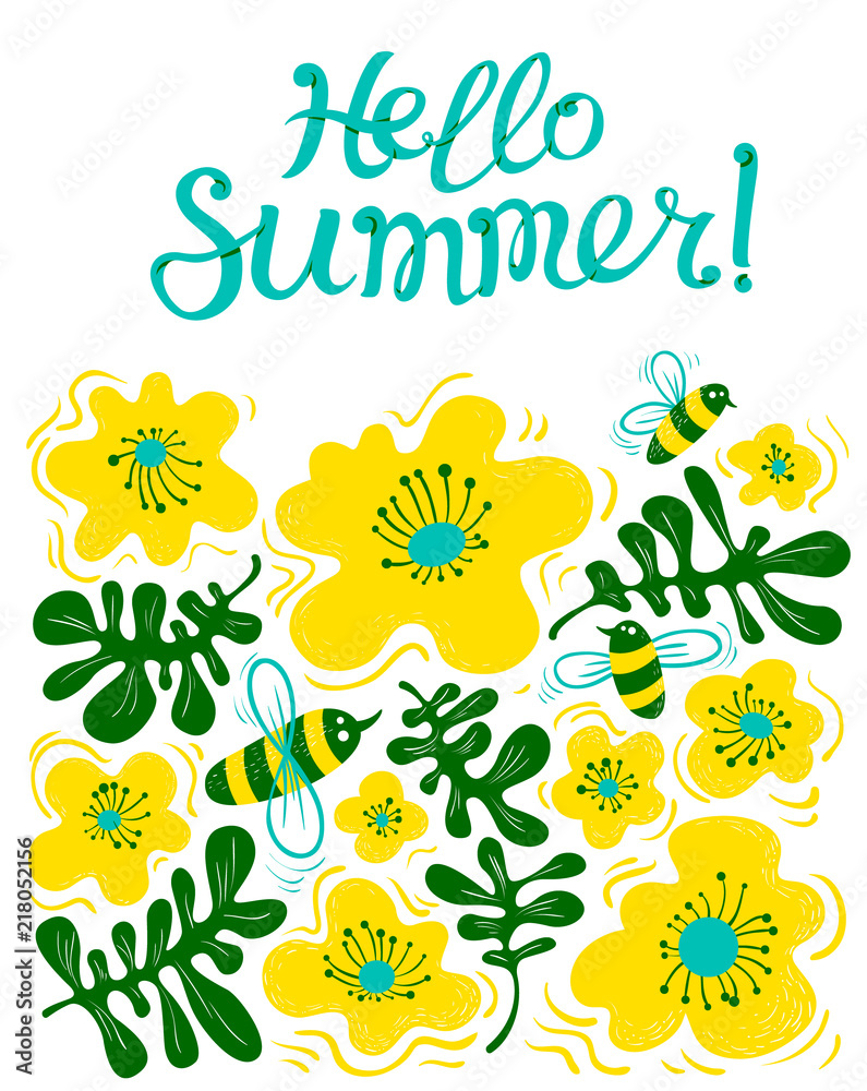 Hello summer lettering. Seasonal card with cute bee and flowers in children style. Vector illustration