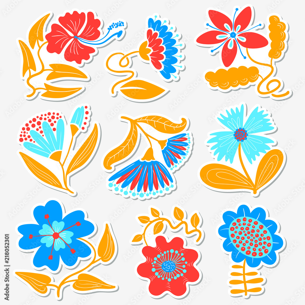 Floral set. Collection with abstract flowers and leaves.Vector illustration in minimalistic flat style