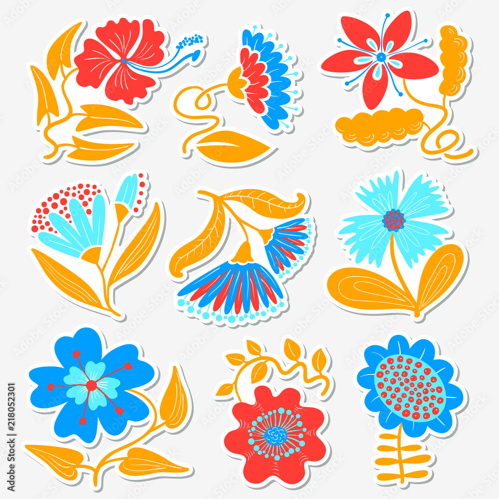 Fototapeta premium Floral set. Collection with abstract flowers and leaves.Vector illustration in minimalistic flat style