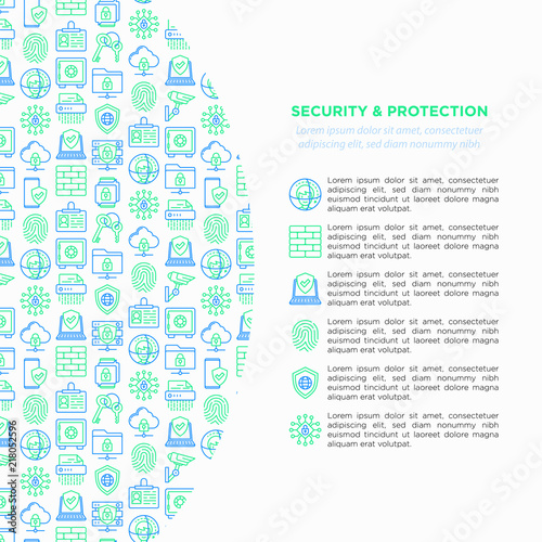 Security and protection concept with thin line icons: mobile security, fingerprint, badge, firewall, face ID, secure folder, shredder, bank safe, encrypted messaging. Modern vector illustration.