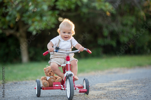 Cute toddler child, boy, playing with tricycle in backyard on sunset