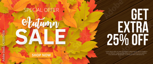 Autumn sale background with leaves. Can be used for shopping sale, promo poster, banner, flyer, invitation, website or greeting card. Vector illustration