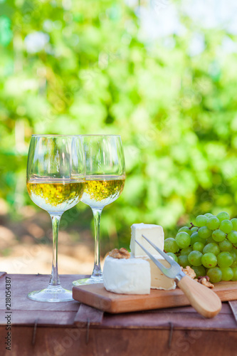 Wine, grapes, nuts, cheese on vineyard. Dinner, lunch, romantic date, picnic, eating on nature.