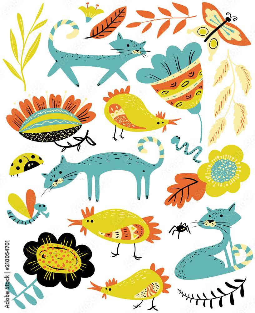 Obraz premium Cute set with cat and chiken. Floral summer collection with farm animals and insects. Vector illustration