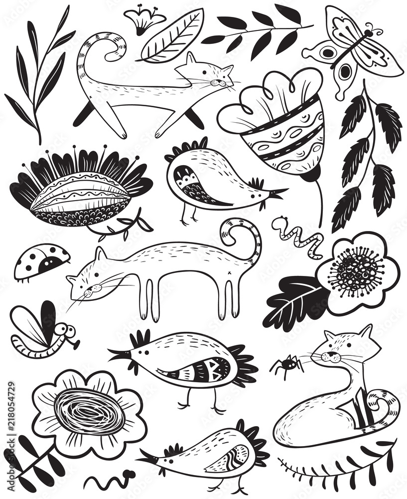 Cute set with cat and chiken. Floral summer collection with farm animals and insects. Vector illustration