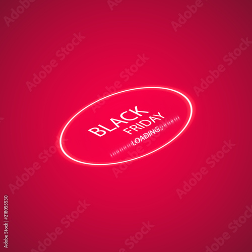 Black friday sale glowing neon sign with Loading Bar on the red background. Light vector background for your advertise, discounts and business photo