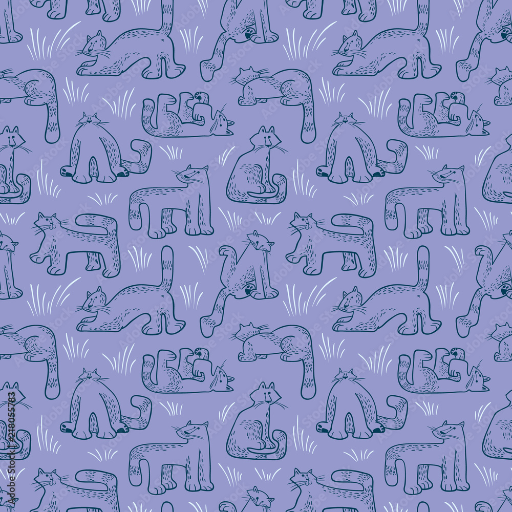 Seamless pattern with funny cats. Background with domestic pets in incomlete cute childrens style.