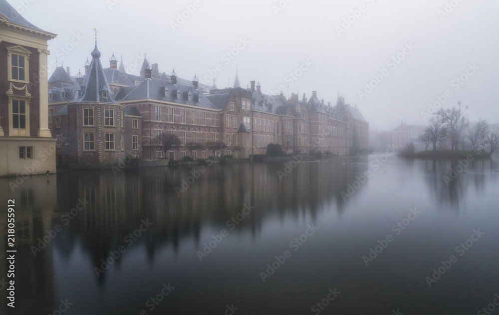 Dutch Parliament in morning fog