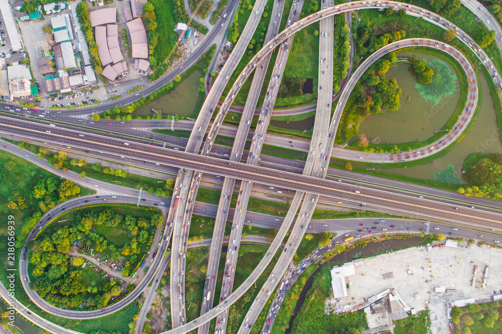 Aerial view transport city overpass road with vehicle movement Aerial view transport city overpass road with vehicle movement