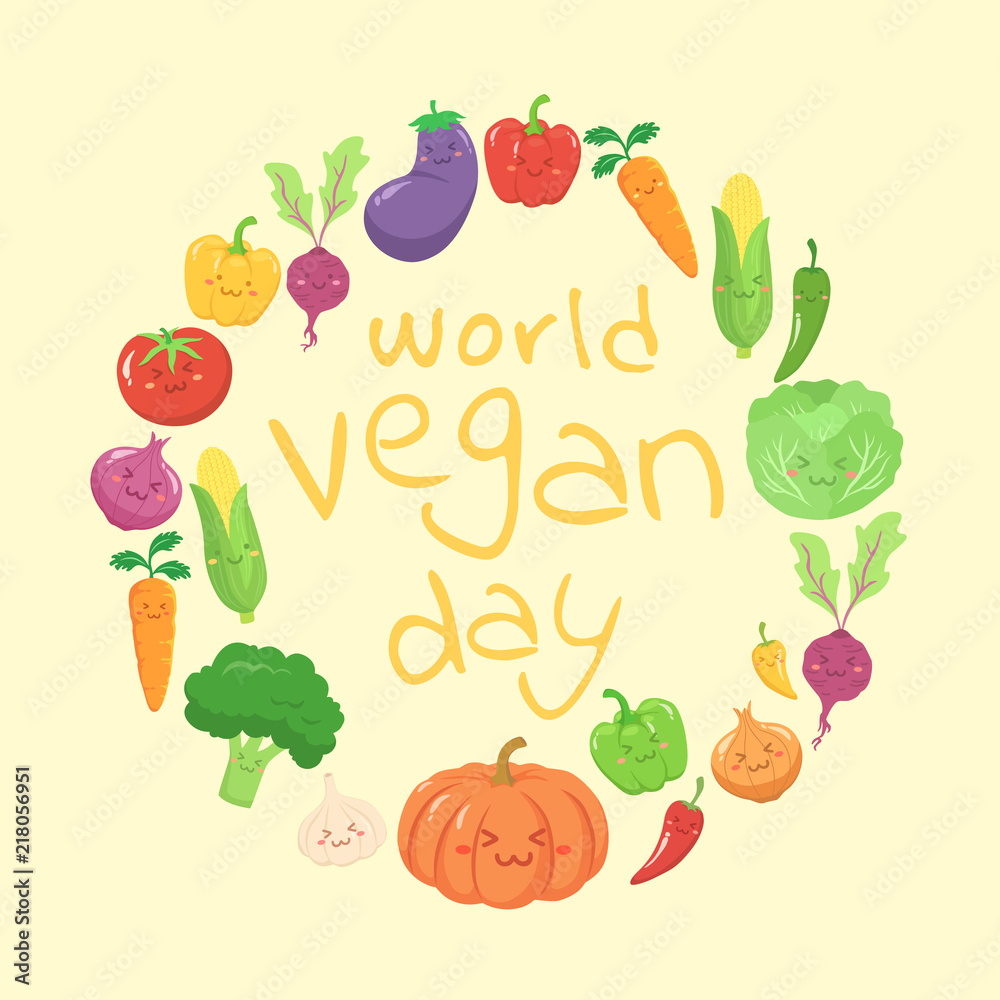 World Vegan Day Vegetables Set Greeting Card. Cute Face Cartoon Character Vector Illustration. Garlic, Eggplant, Paprika, Carrot, Corn, Beetroot, Cabbage, Tomato, Pumpkin, Onion, Chili, Broccoli.