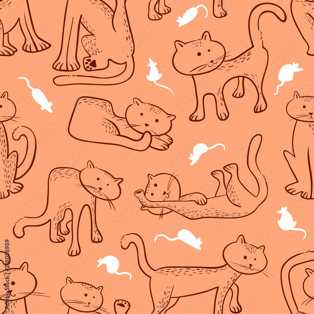Seamless pattern with doodle cats and mouse. Background with funny domestic kitty and rats