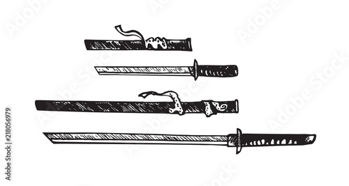 Katana and tantō with scabbards (Japanese swords set), hand drawn doodle sketch, isolated vector outline illustration