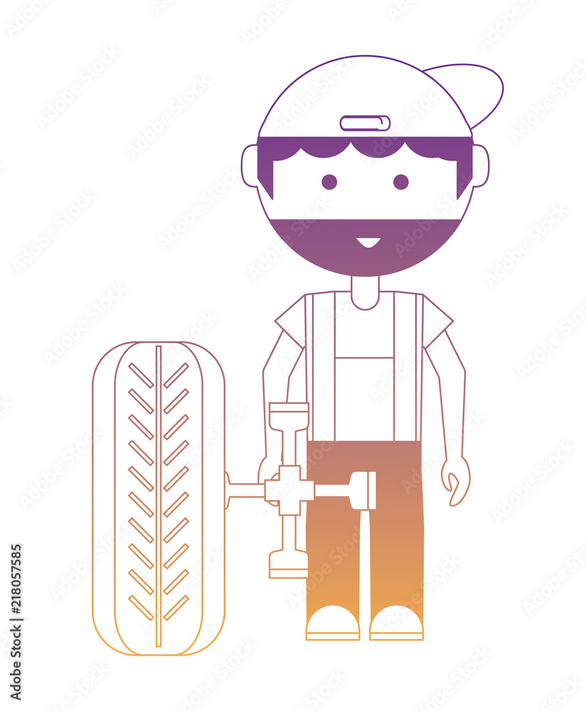 cartoon mechanic with a wheel and cross piece over white background, vector illustration cartoon mechanic with a wheel and cross piece over white background, vector illustration