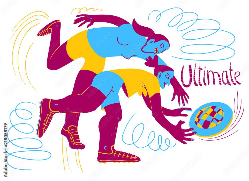 Fototapeta premium Ultimate players. Women catching flying disc. Sport competition. Flat funny style cute vector illustration