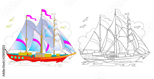 Colorful and black and white pattern of beautiful yacht. Worksheet for children and adults. Vector image.