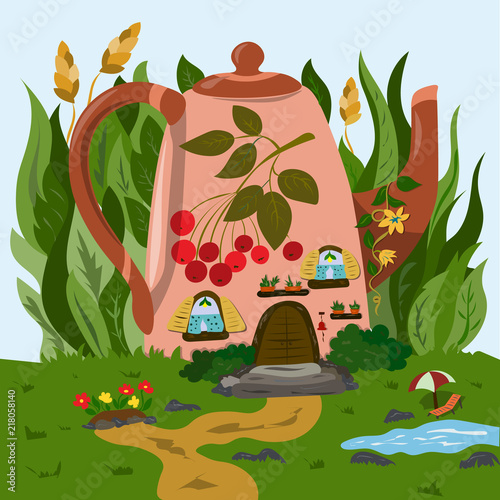 A cozy little house in a teapot in the grass.