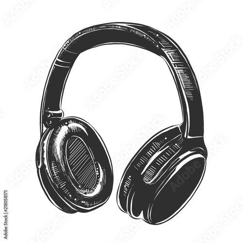 Vector engraved style illustration for posters, decoration and print. Hand drawn sketch of headphones in monochrome isolated on white background. Detailed vintage woodcut style drawing.