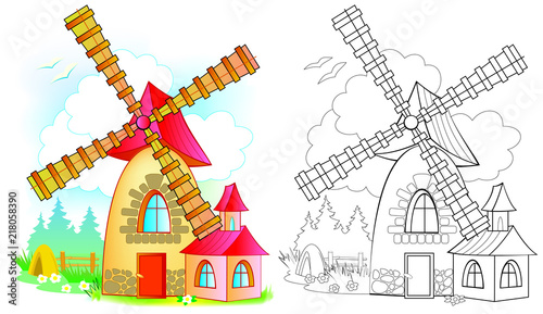 Illustration of fairyland toy windmill. Colorful and black and white pattern for coloring. Worksheet for children and adults. Vector image.