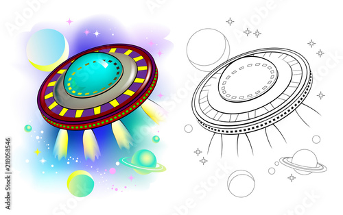 Colorful and black and white pattern of fantastic flying saucer. Worksheet for children and adults. Vector image.