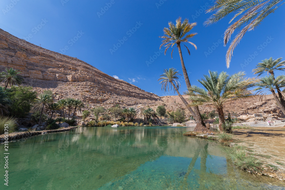 Emerald pools in Wadi Bani Khalid, Oman .