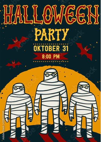 Invitation to Halloween night party. Vintage card with mummy. template. Hallo...