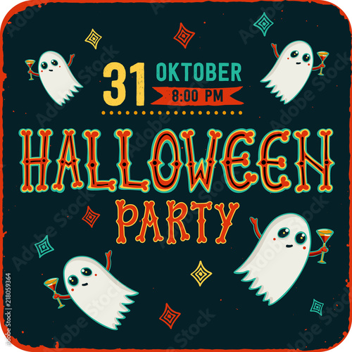 Invitation to Halloween night party. Vintage card with ghosts with cocktails....