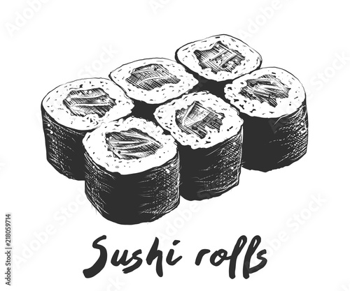 Vector engraved style illustration for posters, decoration and print. Hand drawn sketch of salmon sushi in monochrome isolated on white background. Detailed vintage woodcut style drawing.