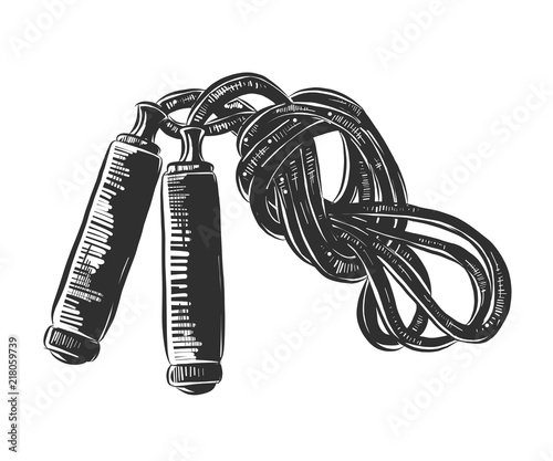 Vector engraved style illustration for posters, decoration and print. Hand drawn sketch of jump rope in monochrome isolated on white background. Detailed vintage woodcut style drawing.